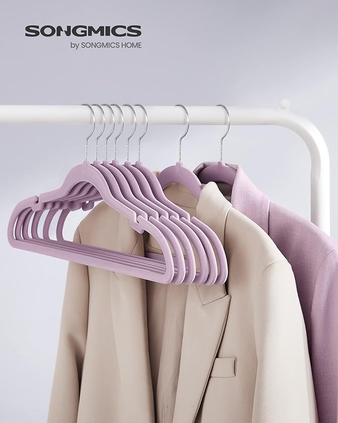 SONGMICS Velvet Hangers 50 Pack, Non-Slip Clothes Hangers, Suit Hangers with Shoulder Notches, Pants Bar, 360° Swivel Hook, Space-Saving, for Closet, Lavender Purple UCRF029GP05