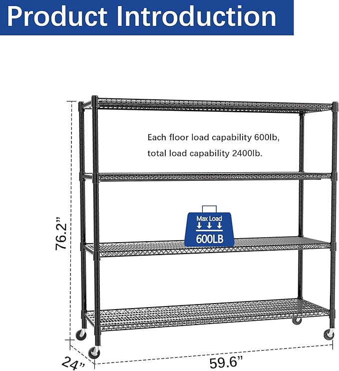 REGILLER 4-Wire Shelf Adjustable Heavy Duty Storage Shelves, Metal Organizer Wire Rack for Laundry Bathroom Kitchen Pantry Closet Garage Shelving with Wheel(Black,24" Dx59.6 Wx72.2 H)