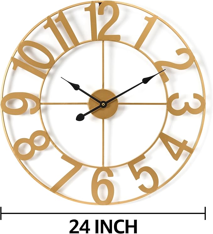 Sorbus 24-Inch Large Wall Clock – Decorative Gold Metal Clock with Black Hands – Silent, Battery Operated, Modern Wall Decor for Living Room, Kitchen, or Office – Great Gift for Housewarming or Office