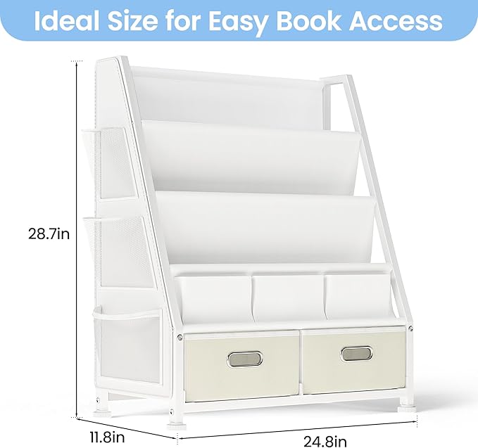 Kids Bookshelf and Toy Storage: Sling Book Shelf for Kids Room with 2 Storage Bins to Books and Toys Organizer, 3-Tier Toddler Bookshelf with 3 Side Pockets for Nursery, Bedroom, Playroom
