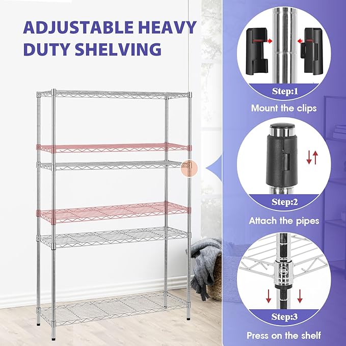 PayLessHere Shelves Shelf Storage Shelves 4 Tier Height Adjustable Shelving Unit NSF Certified 1000 lbs Total Load Capacity Stabilizing Leveling Feet Effortless Assembly (Chrome)