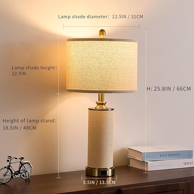 Gold Farmhouse Rattan Table Lamps Set of 2, Touch Control Desk Lamps, 3 Way Dimmable Grass Rope Large BedsideTable Lamp with USB A+C for Living Room/Bedroom/Office(2 LED Bulbs Included)