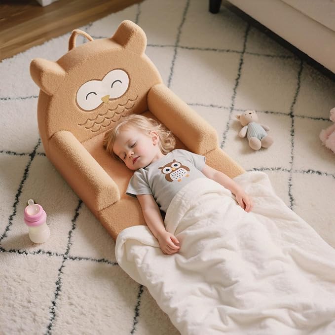 Toddler Couch, 3-Fold Convertible Kids Couch with Cute Owl Design, Fold Out Toddler Chair for 1-3 Years Old, Soft Baby Sofa Bed for Playroom, Washable Cover
