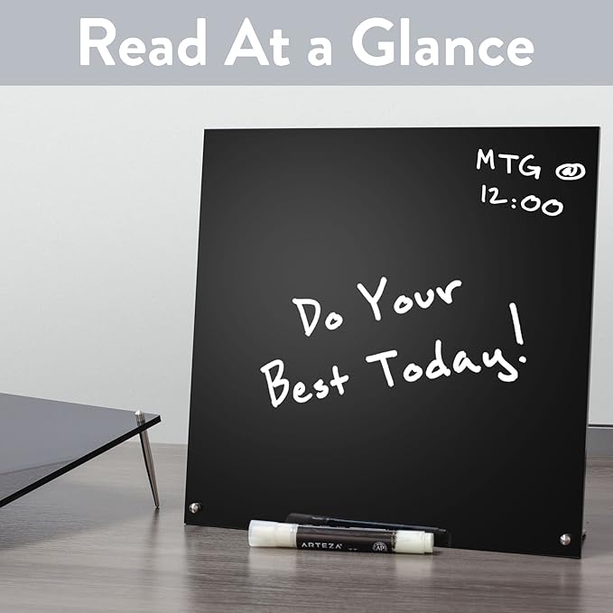 Desk Dry Erase Board with Erasable Marker | White, Black, Clear Acrylic Whiteboard Surface | Angled Writing Tablet | Personal Organizer with Daily Schedules | Weekly to-Do Lists (Black - 12x16)