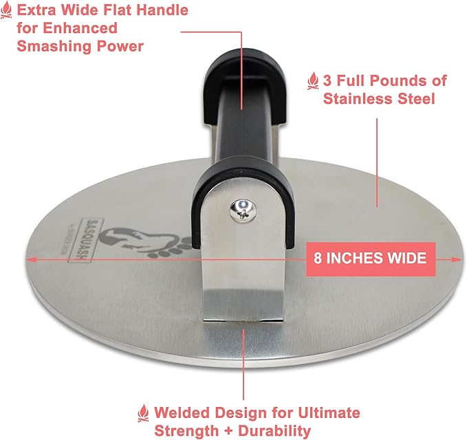 The Sasquash - Bigfoot Burger Smasher - Professional Grade Burger Press - Monster 8" Wide 3+ Pound Welded Stainless Steel Smashed Burger Grill Tool, Blackstone Griddle Steak Weight and Flat Top Press