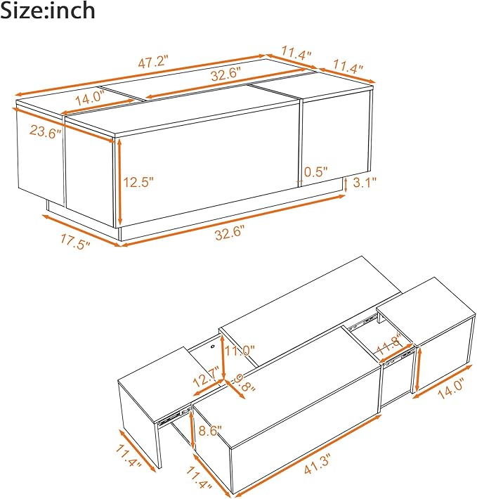 Modern High Gloss Coffee Table with Hidden Storage Space, 47.2-Inch Wooden Extending Top Center Table with Drawers for Living Room, White