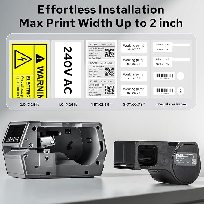 Makeid D50 Industrial Label Printer, Desktop Label Maker 2" Print Head, Mobile APP & PC Editor Compatible, 2600mAh Li-ion Battery, Come with 1.97" W x 26.24ft L Label Heavy-Duty Labeler for Job Sites