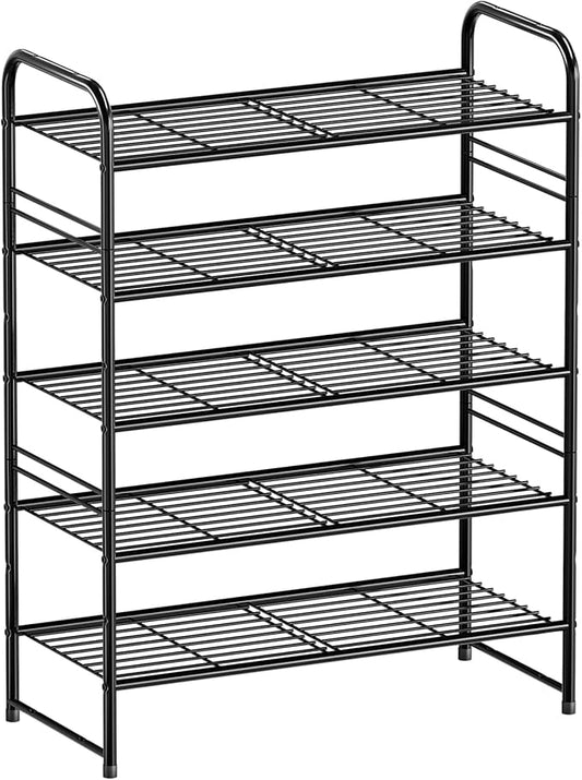 5-Tier 27” Wide Shoe Rack for Closet, Metal Stackable Shoe Shelf Organizer, Holds 18 Pairs Large Capacity, Black