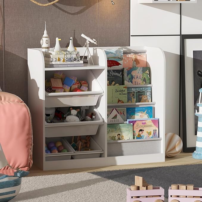White Kids Wood Bookshelf Toy Storage Box Organizer Shelf W/4 Removable Plastic Toy Bins Children Bookcase Toddler Baby Sling Book Rack Cabinet Chest Girl Boy Gift Playroom Classroom Bedroom Nursery