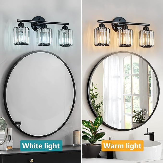 Modern 3 Light Crystal Vanity Light, Plating Black Vertical Bathroom Light Fixture Over Mirror for Dressing Table Sink, Compatible with Dimmable Bulbs (Bulbs Not Included)
