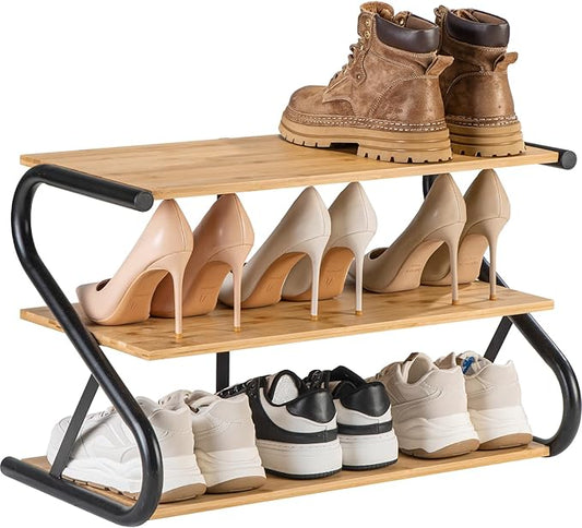Bamboo Shoe Rack, Z-Frame Wooden 3-Tier Shelf with Durable Metal Shelves, Shoe Organizer for High Heels, Hallway, Living Room, Closet, Bedroom (Natural)