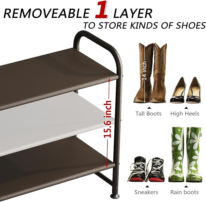Shoe Rack 3 Tier Long Storage Organizer Wide Metal Shoe Shelf for Closet Entryway Brown