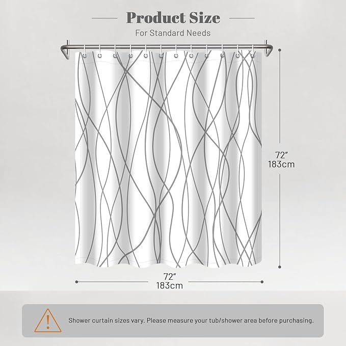Punkray Grey and White Striped Polyester Shower Curtain for Bathroom with Hooks, Curtains 72 Inches Long, Weighted Hem, Waterproof Bath Accessories Hotel Style - Machine Washable