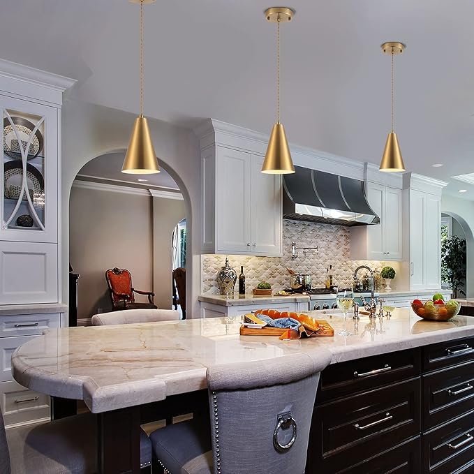 Brass Pendant Lights Kitchen Island,Gold Dining Room Light Fixtures Over Table with Cone Metal Shade, Modern Vintage Mini Chandeliers,Adjustable Cord Hanging Lighting for Bar,Sink.(1 Pack)