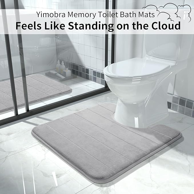 Yimobra Memory Foam Toilet Bath Mat U-Shaped, Soft and Comfortable, Super Water Absorption, Non-Slip, Thick, Machine Wash and Easier to Dry for Bathroom Commode Contour Rug, 24 X 24 Inches, Gray