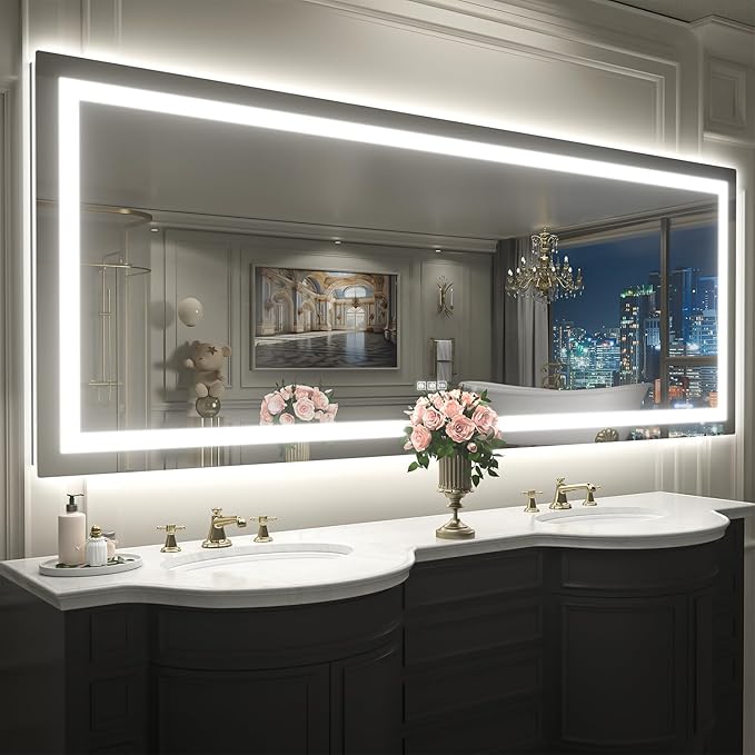 LED Mirror for Bathroom, 84x32 Inch Backlit + Front Lighted Bathroom Vanity Mirror with Lights, Double Light Strips, 3 Colors, Shatter-Proof, Anti-Fog and Brightness Memory