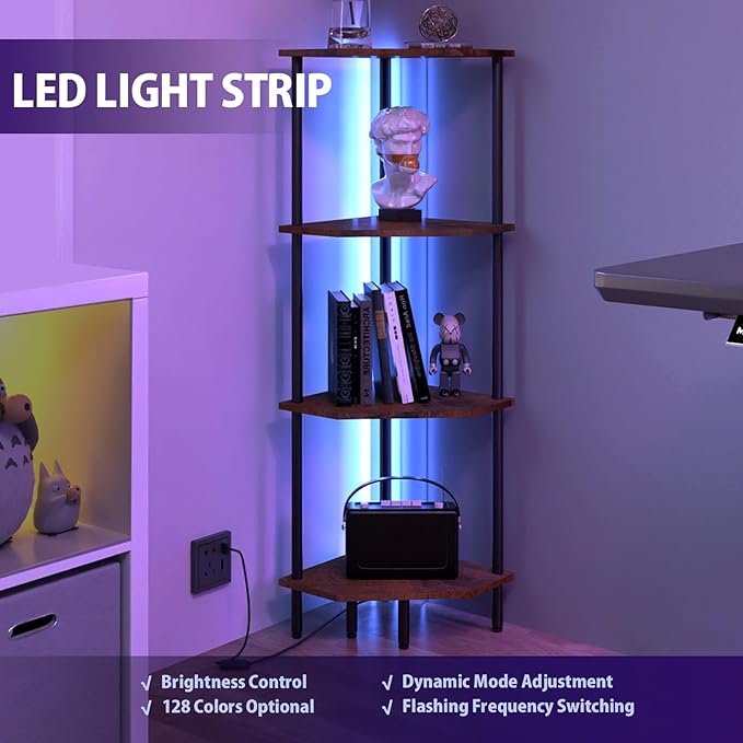 4 Tier Corner Shelf with LED Light,Bookcase for Small Spaces,Display Shelf,Narrow Bookshelf,Plant Stand,Rustic Brown and Black,Suitable for Bedroom,Living Room,Kitchen