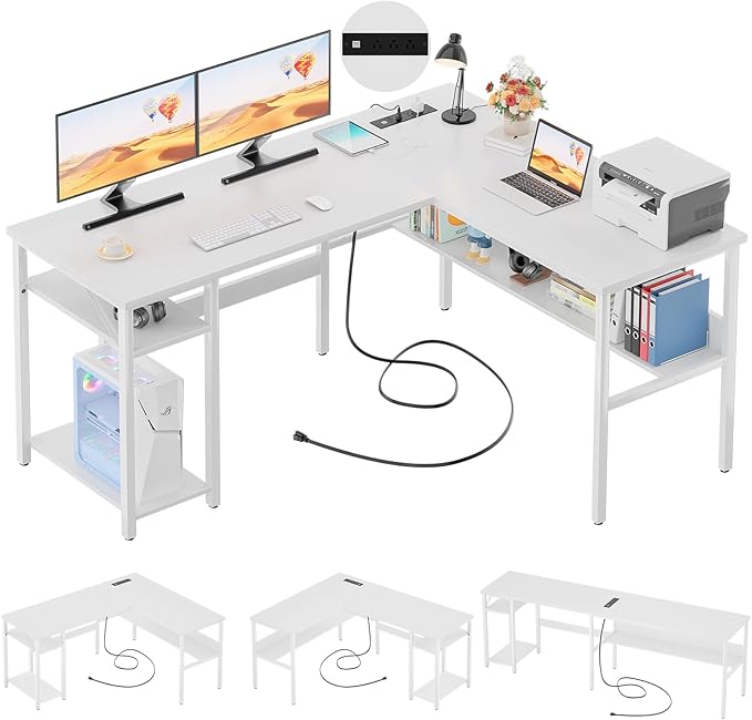 Unikito Reversible L Shaped Computer Desk with Magic Power Outlets and USB Charging Ports, Sturdy Corner Desk with Storage Shelves, Durable Work Desk for Home Office, Easy to Assemble, White