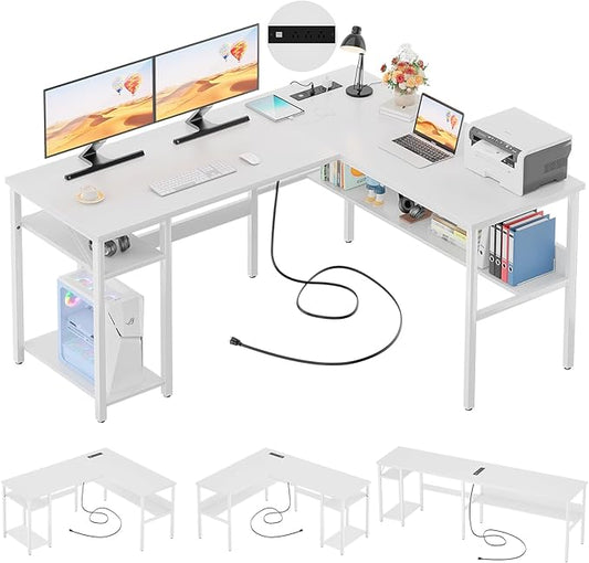 Unikito Reversible L Shaped Computer Desk with Magic Power Outlets and USB Charging Ports, Sturdy Corner Desk with Storage Shelves, Durable Work Desk for Home Office, Easy to Assemble, White