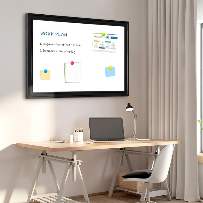 4 THOUGHT Dry Erase Board, 24 x 36 in Magnetic Whiteboard Black Vintage Wood Frame Wall-Mounted White Board Decorative Notice Board for School, Office, Home, Kitchen with 6 Magnets 4 Markers 1 Eraser