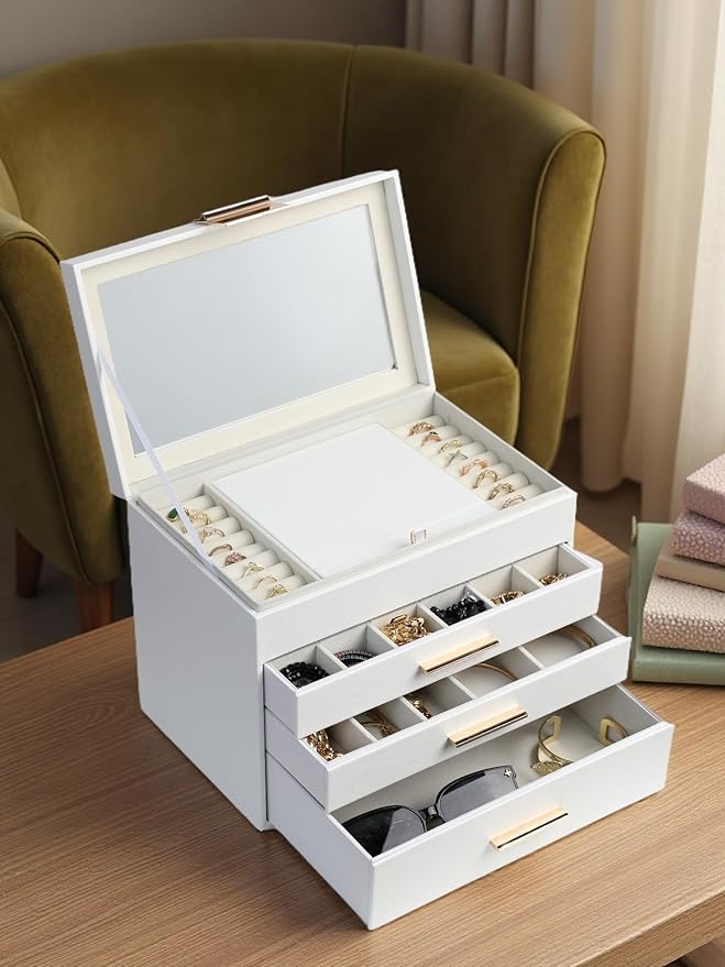 BOOVO Jewelry Boxes for Women, White and Black 4 Layer Large Jewelry Box for Necklace, Bracelet, Earrings, Rings Storage, Jewelry holder Organizer for Girls Gift (Clear White, 4 layer)