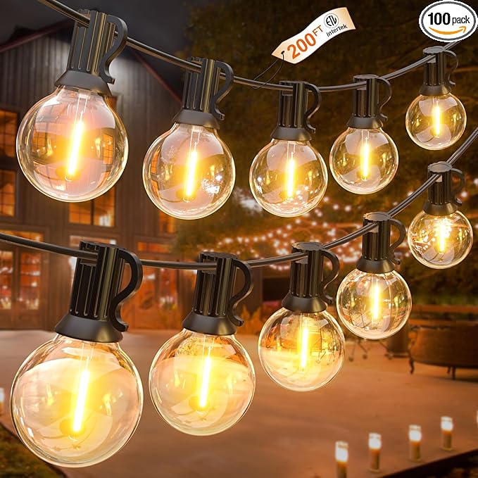 GLUROO 200FT(100FT*2PC) Outdoor String Lights, G40 LED Patio Lights with 100+4 Bulbs, Waterproof Shatterproof Dimmable Globe Hanging Outdoor Patio Lights Cafe, Bistro Outside Lights for Patio