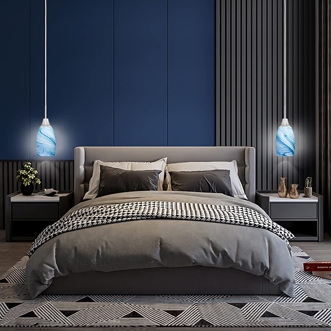 Mini Glass Pendant Light 1-Pack with Handblown Blue Marble Art Oval Glass Lamp Ceiling Hanging Light 4.72" Glass Chandelier for Dining Room Kitchen Foyer Hallway