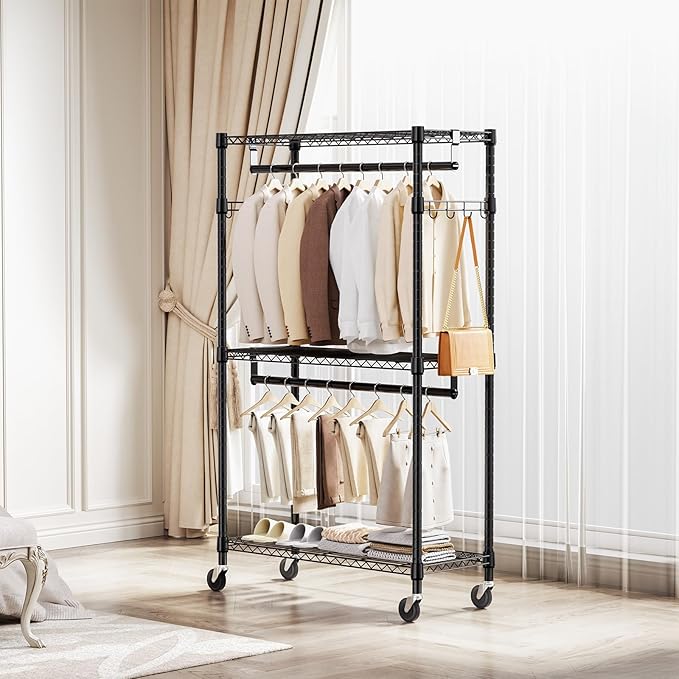 Heavy Duty Rolling Garment Rack 3 Tiers Adjustable Wire Shelving Clothes Rack with 2 Rods and Side Hooks,Storage Closet Clothing Rack with Wheels Black 15.7" D x 29.5" W x 74.5" H