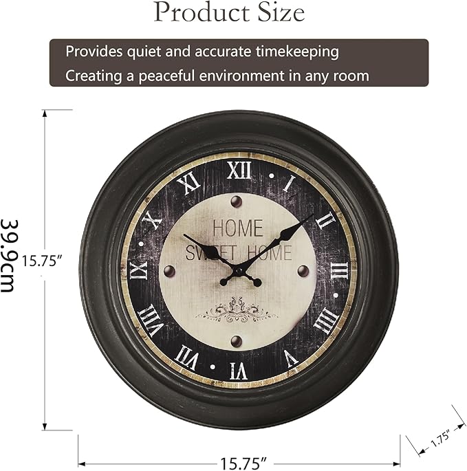 16 Inch Vintage Wall Clock, Silent Non-Ticking Quartz Battery Operated Decorative Clock for Home, Kitchen, Living Room, Dining Room, Office, Dark Brown Roman Number
