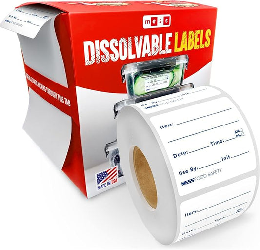 MESS Dissolvable Food Labels, Fill-in, 2x2 200/Roll - Dissolves in 30 Seconds or Less - Removable Pantry, Meal Prep & Food Storage Labels – Canning & Freezer Use