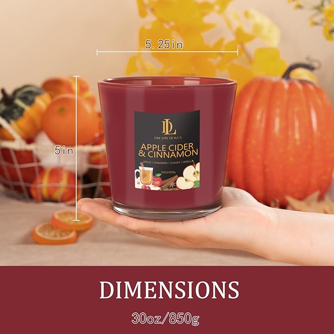 Apple Cider & Cinnamon Candle, Fall Scented Candles, Large 30oz Natural Soy Candles, 4-Wick 80 Hour Burn Time, Autumn Fragrance Candle Gifts for Home Decor
