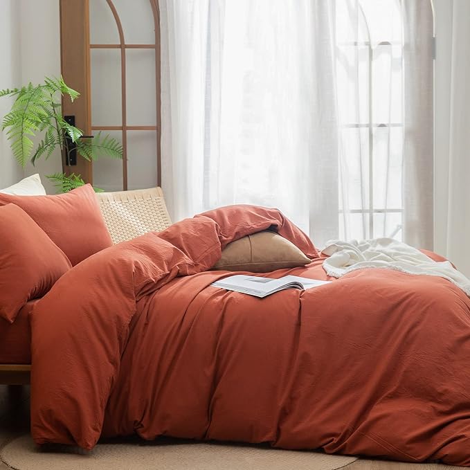 BESTOUCH Duvet Cover Set 100% Washed Cotton Linen Feel Super Soft Comfortable Chic Lightweight 3 PCs Home Bedding Set Solid Burnt Brick Red Full/Double