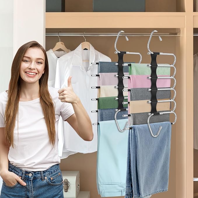 Upgrade 6 Layers Pants Hangers Space Saving, 2 Pack Stainless Steel Multifunctional Rack Non Slip S-Type Pant Closet Organizer Saver for Leggings Jeans Trousers Scarf, Black