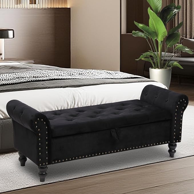 Storage Ottoman Bench with Arms, Velvet End of Bed Bench for Bedroom, Button Tufted Storage Bench for Entryway, Living Room,Hallway, Large Storage Bench Foot Rest (New Black)