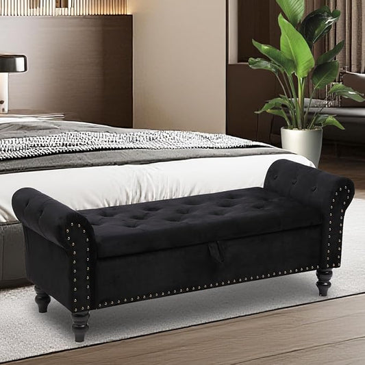 Storage Ottoman Bench with Arms, Velvet End of Bed Bench for Bedroom, Button Tufted Storage Bench for Entryway, Living Room,Hallway, Large Storage Bench Foot Rest (New Black)