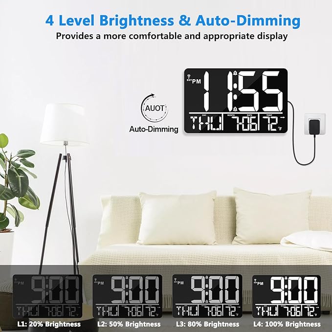 13" Bluetooth Auto Sync Wall Clock - Large Digital Alarm Clock with Remote, 25 Ringtones, Dual Alarm, Adjustable Brightness, 12/24H, Auto DST, for Living Room, Kitchen, Office, Elderly