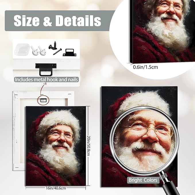 Vintage Santa Claus Portrait Christmas Canvas Wall Art - Victorian Style Framed Canvas Prints for Living Room & Bedroom, Classic Christmas Wall Decor, Christmas Gifts & Winter Decor