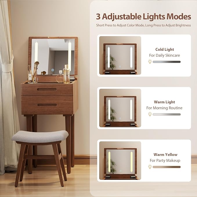 Solid Wood Small Vanity Desk with Mirror and Lights, Narrow Makeup Vanity for Small Space, Flip Top Vanity Side Table, 3 Color Modes & Adjustable Brightness, 15.7" Slim Dressing Table, Walnut