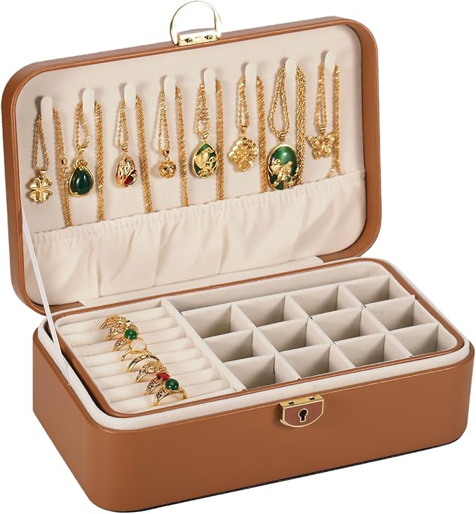 Travel Jewelry Case With Lock, 2-Layer PU Leather Jewelry Box for Women, Ring Box and Jewelry Organizer, Large Jewelry Travel Case,Best Gifts for Women for the Holidays(Brown)