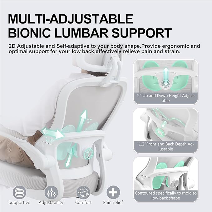 Ergonomic Office Chair,Ultra Thick Office Desk Chair with Adjustable Lumbar Support and Headrest,Spring Cushion,Rocking Function,Flip-up arms,Mesh Computer Chair for Home Office,Grey