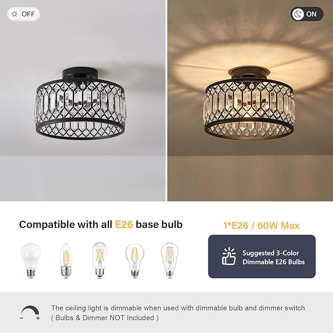 Crystal Black Ceiling Light, Modern Semi Flush Mount Ceiling Lighting Fixture, Round Hallway Lighting Fixtures for Kitchen Entryway Bedroom Laundry Room, 1-Light, 11.4 Inch