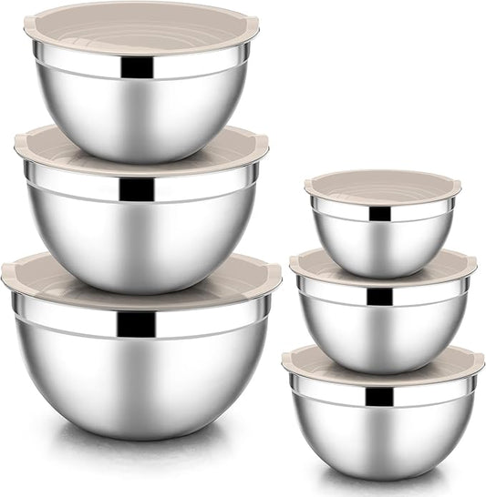 E-far Mixing Bowls with Lids, 12-Piece Stainless Steel Salad Bowls Metal Nesting Bowls for Baking Cooking and Prepping, Airtight Lids & Stackable Design, Size 7, 4.5, 3, 1.5, 1.2, 0.7 QT (Khaki)