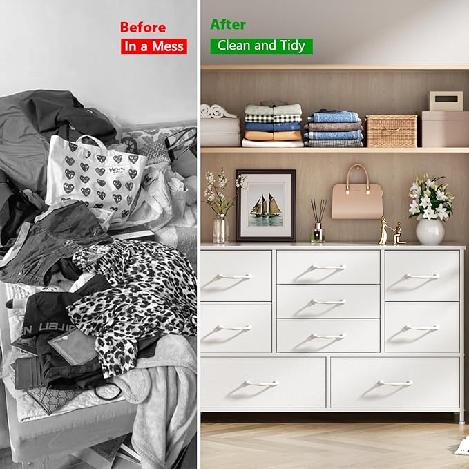 Furnulem Dresser for Bedroom with 9 Fabric Drawers for 55'' Long TV Stand Entertainment Center & Chests of Drawers, Wide Dresser Storage for Living Room, Dorm, Entryway, Sturdy Metal Frame, White