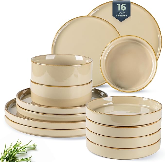 GBHOME Ceramic Dinnerware Sets With Double Bowl for 4, 16 Pieces Stoneware Plates and Bowls Set, Reactive Glaze Dishes -Scratch Resistant, Dishwasher&Microwave Safe-Warm Sand