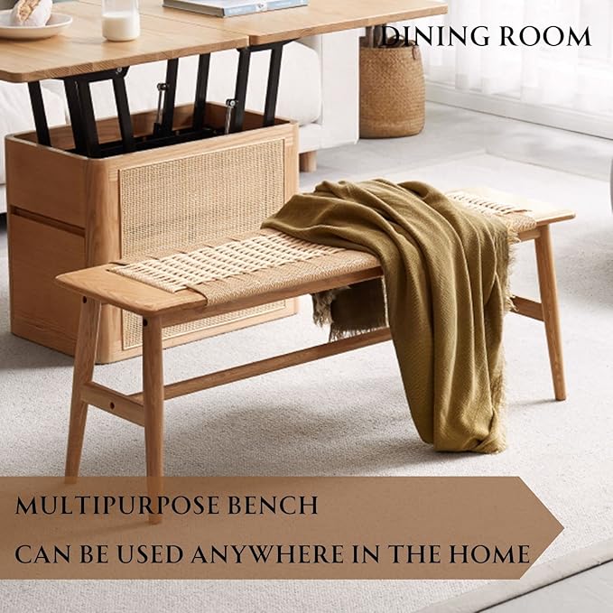 31.5'' Woven Dining Beach with 100% Solid Oak Wood Bench Frame, Hand Knitted Rope Designed Bed End Shoe Bench for Kitchen Bedroom Entryway, Beige