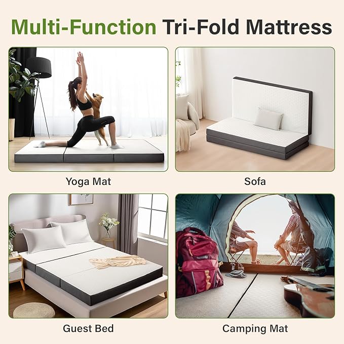 Folding Mattress 4in Twin Memory Foam Tri-Folding Mattress with Washable Cover Foldable Floor Mat for Guest Bed, Camping, Yoga, RV Travel, White (Size: 38" L x 75" W x 4" Th)