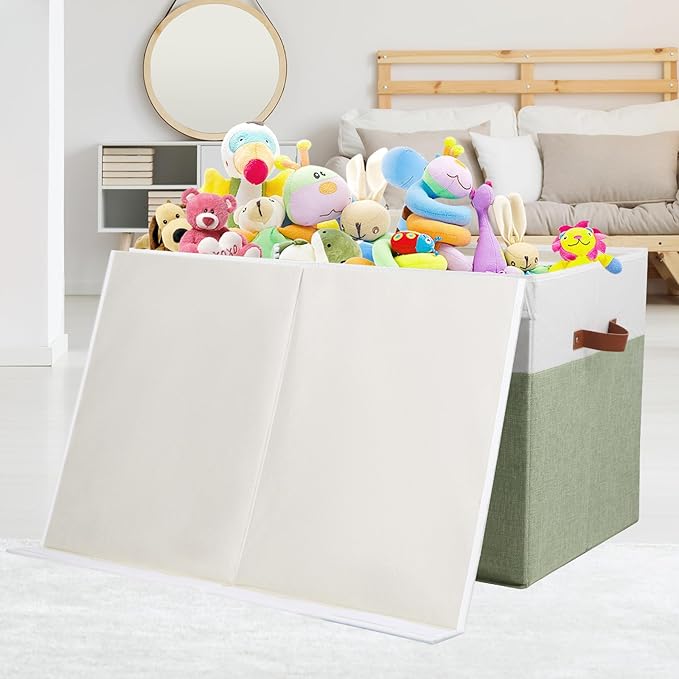Large Toy Storage Box with Lid, Sturdy Toys Storage Chest Bin Organizer Basket with Dividers for Kids, Boys, Girls, Nursery, Closet, Bedroom, Playroom 26"x17" x17" (Green and White)