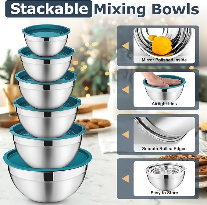 P&P CHEF Mixing Bowls with Lids Set of 6, Stainless Steel Nesting Salad Bowl & 3 Grater Attachments for Prepping Storing, 4.6/2.6/2/1.5/1/0.7 QT, Blue