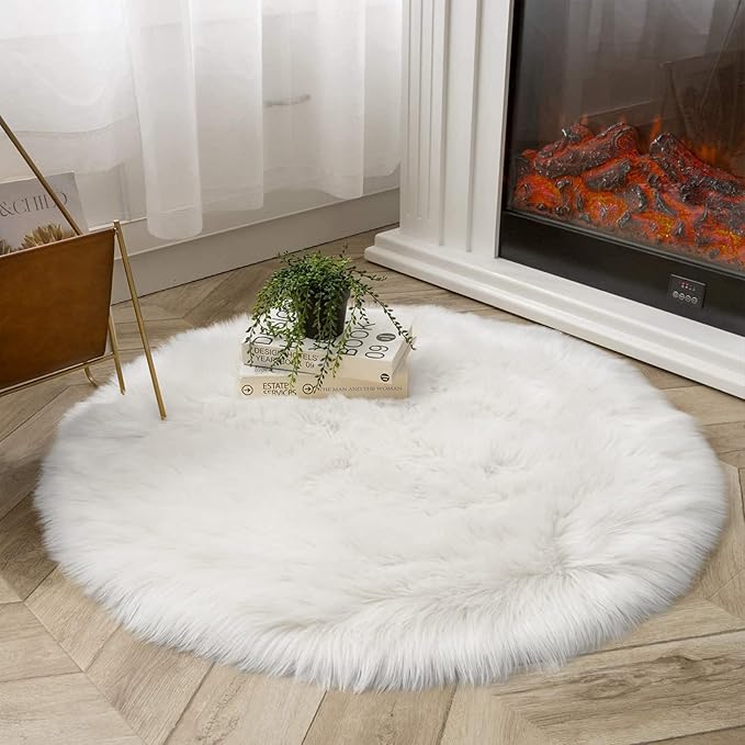 Latepis White Round Rug 5ft Faux Fur Sheepskin Circle Rug for Living Room Fluffy Washable Rug for Bedroom Teen Room Dorm Cute Room Décor