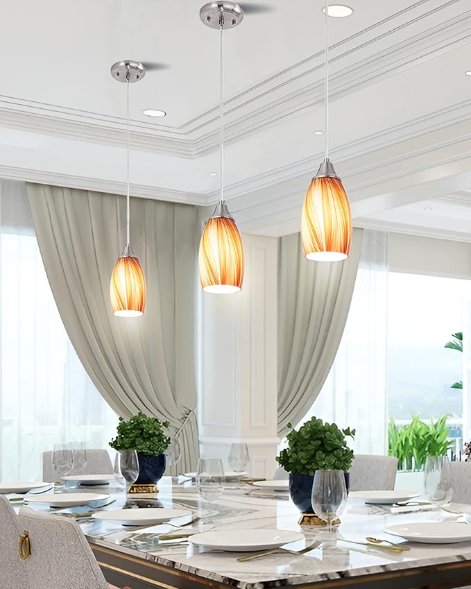 Art Glass Mini Pendant Lights for Kithen Island Blown Glass Pendant Lighting Shade with Brushed Nickel Finish 3Pack Hanging Pendant Light Kitchen Counter,Dining/Living Room Red Orange